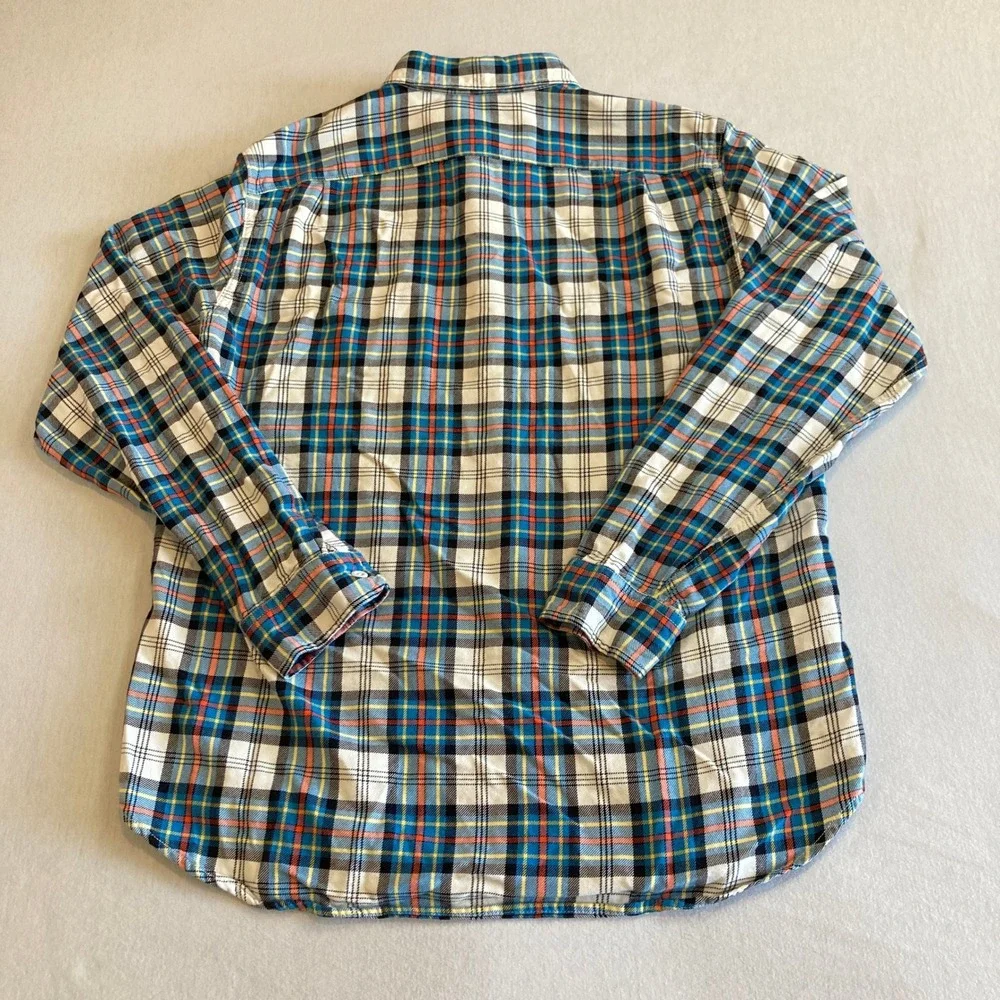 J. Crew Sportsman Mens Large Plaid Flannel Shirt Blue Orange Button Up Preppy